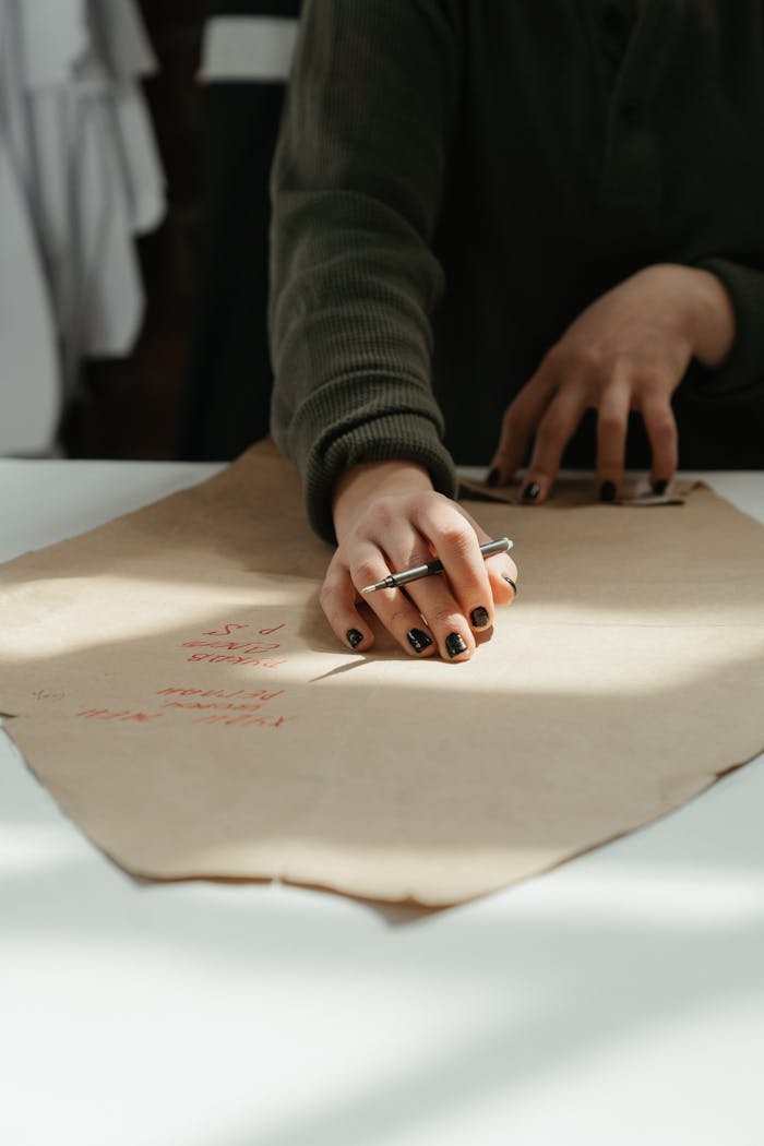 Close-up of a woman's hand drafting clothing patterns on paper in a fashion workshop.
