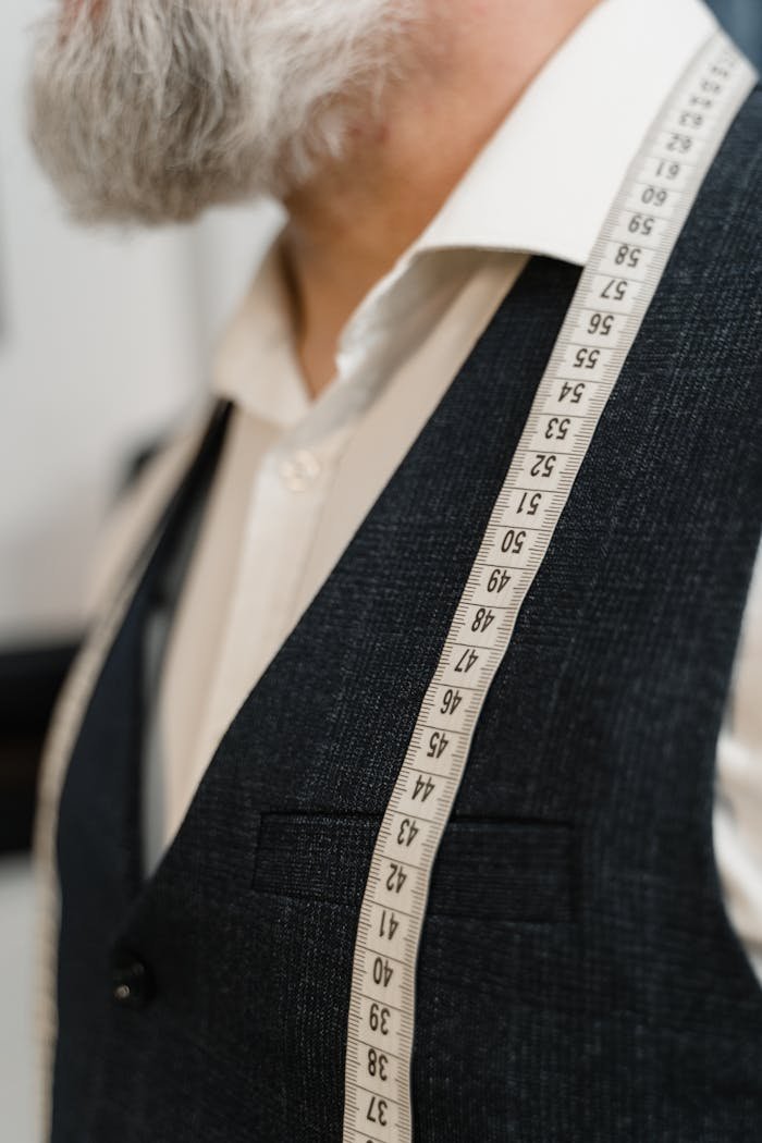 Close-up of a tailor in a suit with a measuring tape across his shoulders.